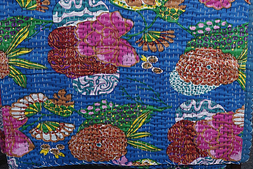 Blue Kantha Quilt in Twin Size