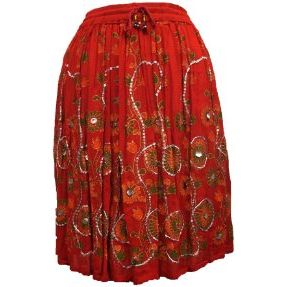 Red and Multi-Color Cotton Crinkle Skirt