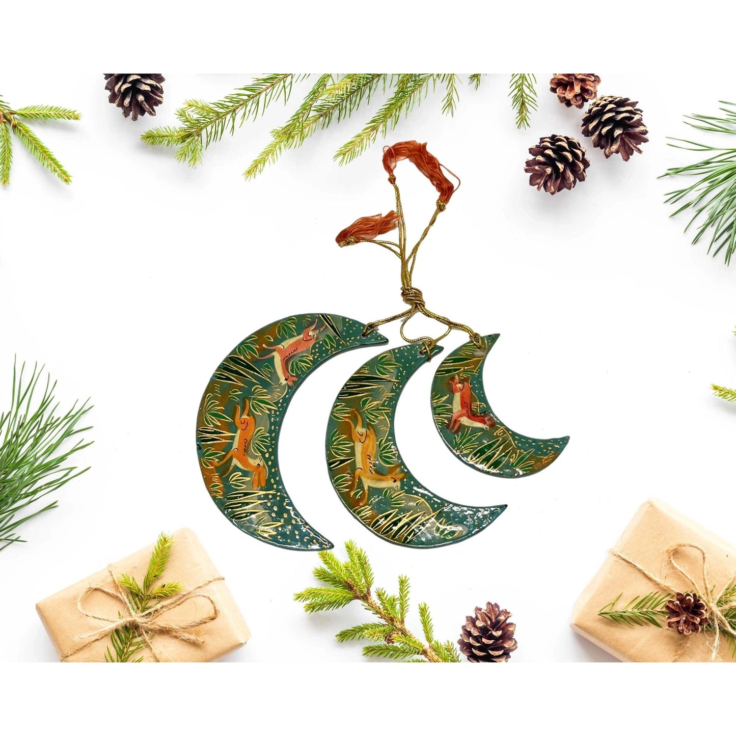 Paper Mache Crescent Moon Holiday Ornament set - Hand Made & Hand Painted