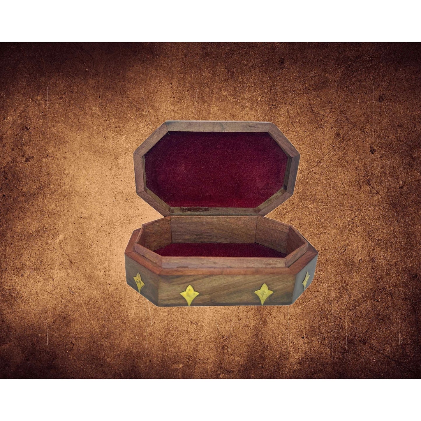 Wooden Craved Box with Brass Flower, Velvet Lining