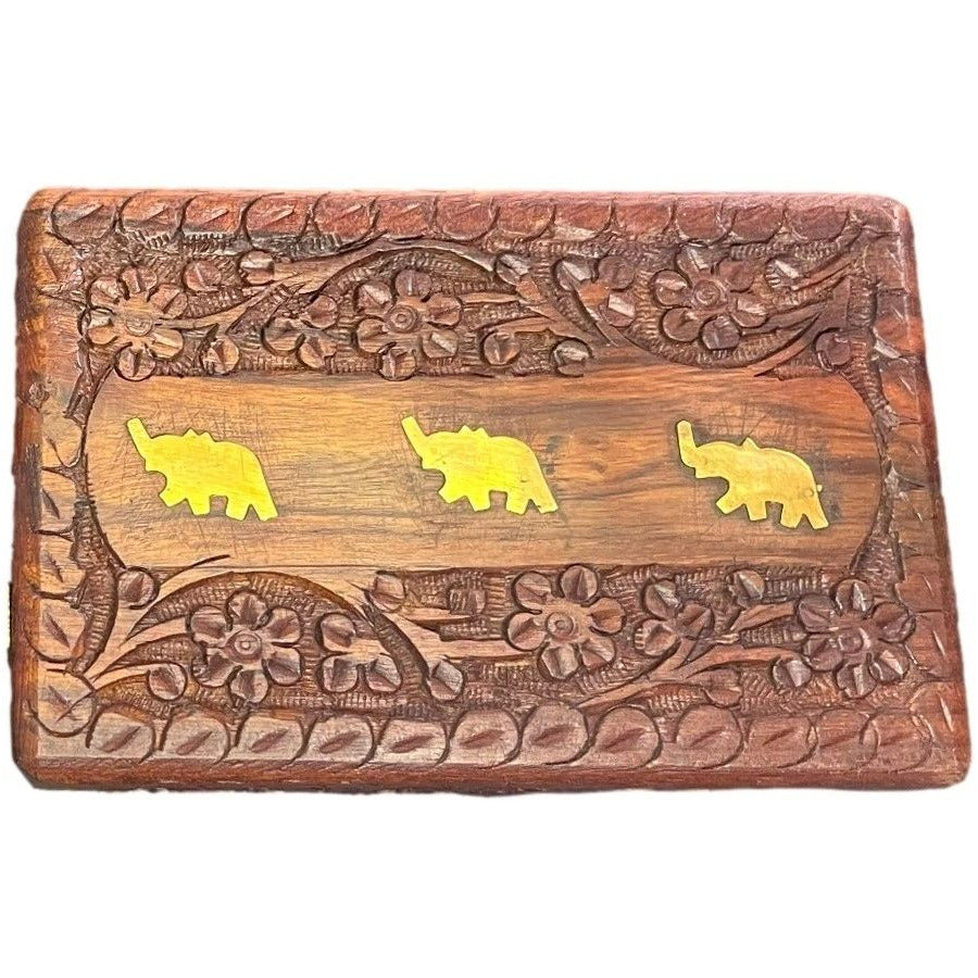 Wooden Sheesham Box with 3 Elephant Brass Inlay