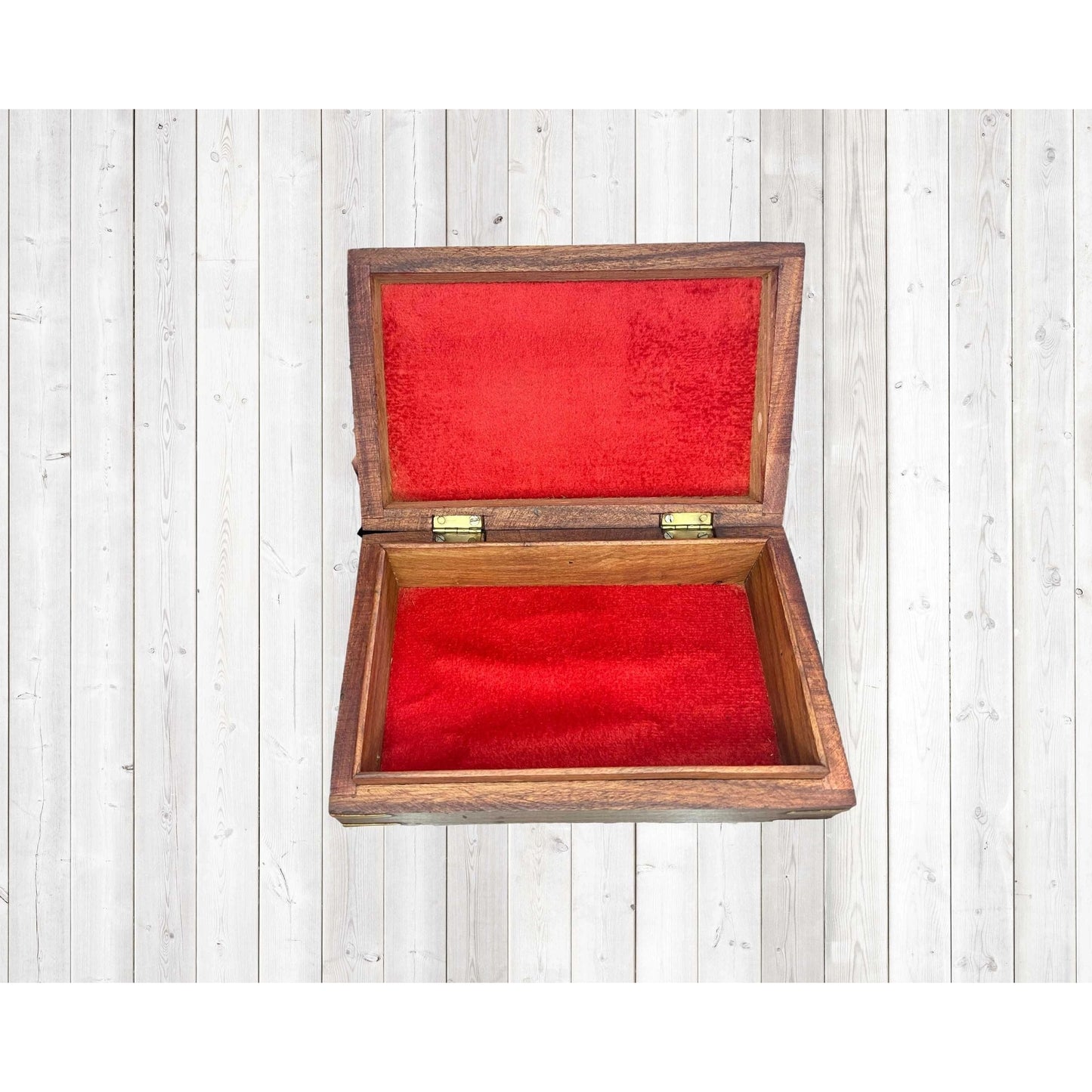 Hand Carved Wooden Sheesham Box with Two Elephants & Leaf Brass Inlay