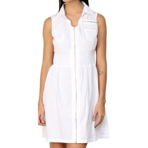 100% Cotton Fitted Sleeveless White Zipper Dress