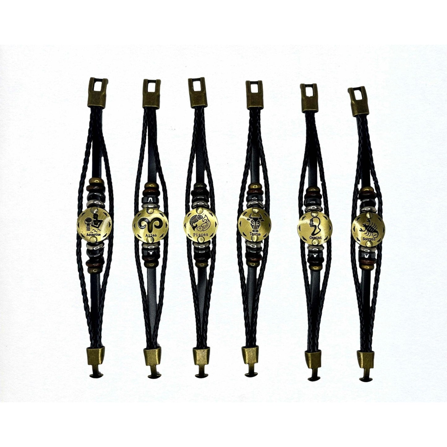 Zodiac Sign Black Leather Bracelet