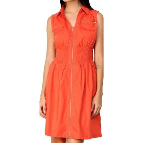 100% Cotton Fitted Sleeveless Coral Zipper Dress