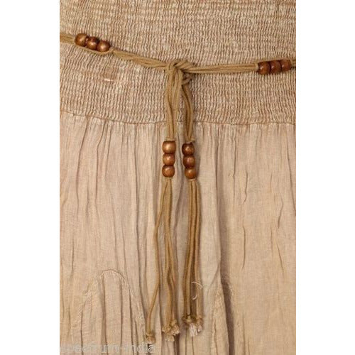 100% Cotton Skirt with Macrame and Bead Belt in Acid Wash Khaki