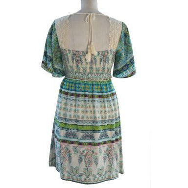 Adini Printed & Crochet Bohemian Baby Doll Elastic Waist Tunic Dress