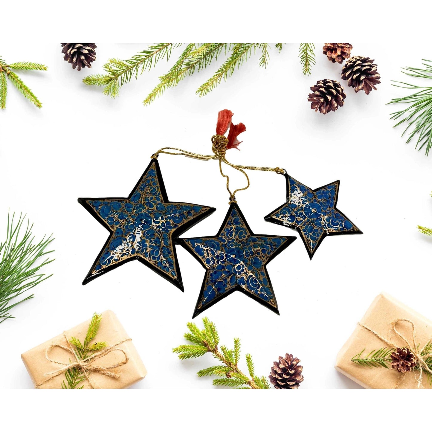 Paper Mache Star Holiday Ornament Set - Hand Made - Hand Painted