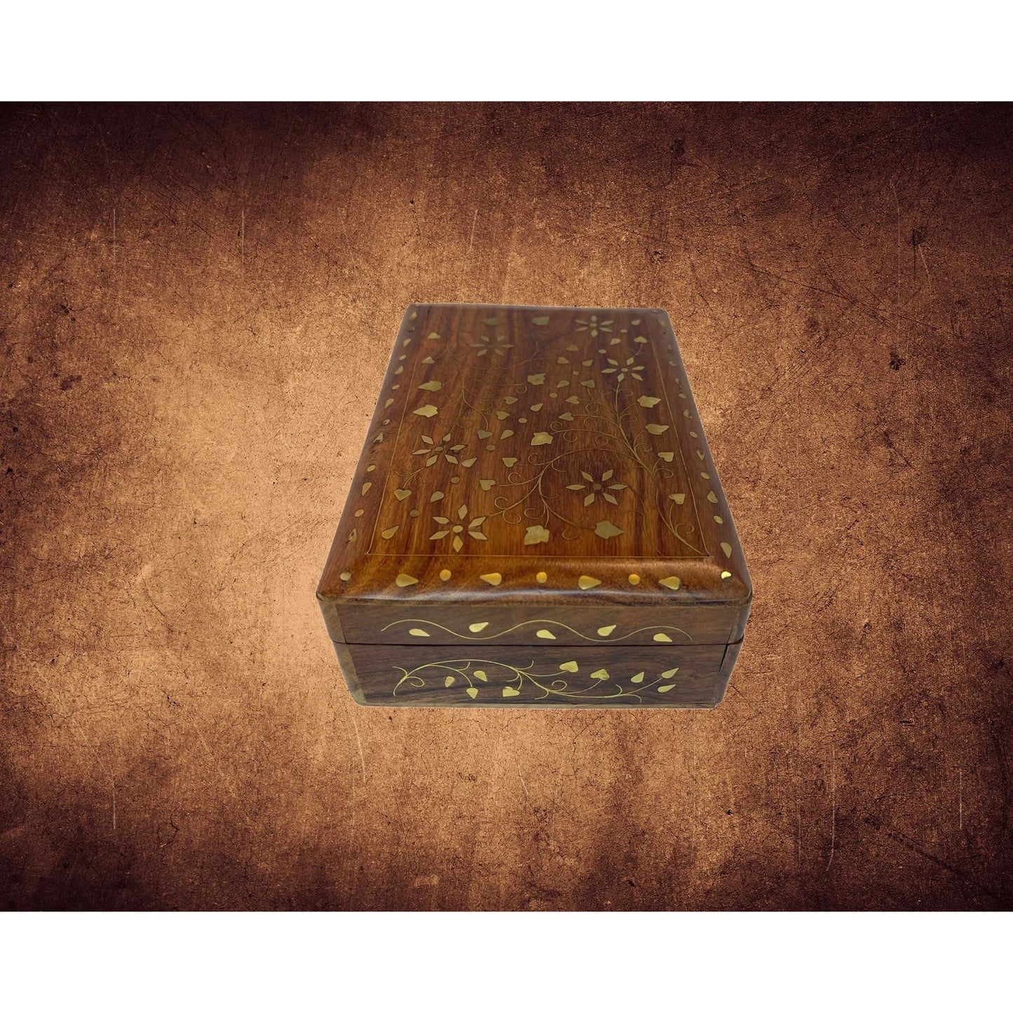 Wooden Floral Design Brass Inlay Decorative Box with Red Velvet Lining