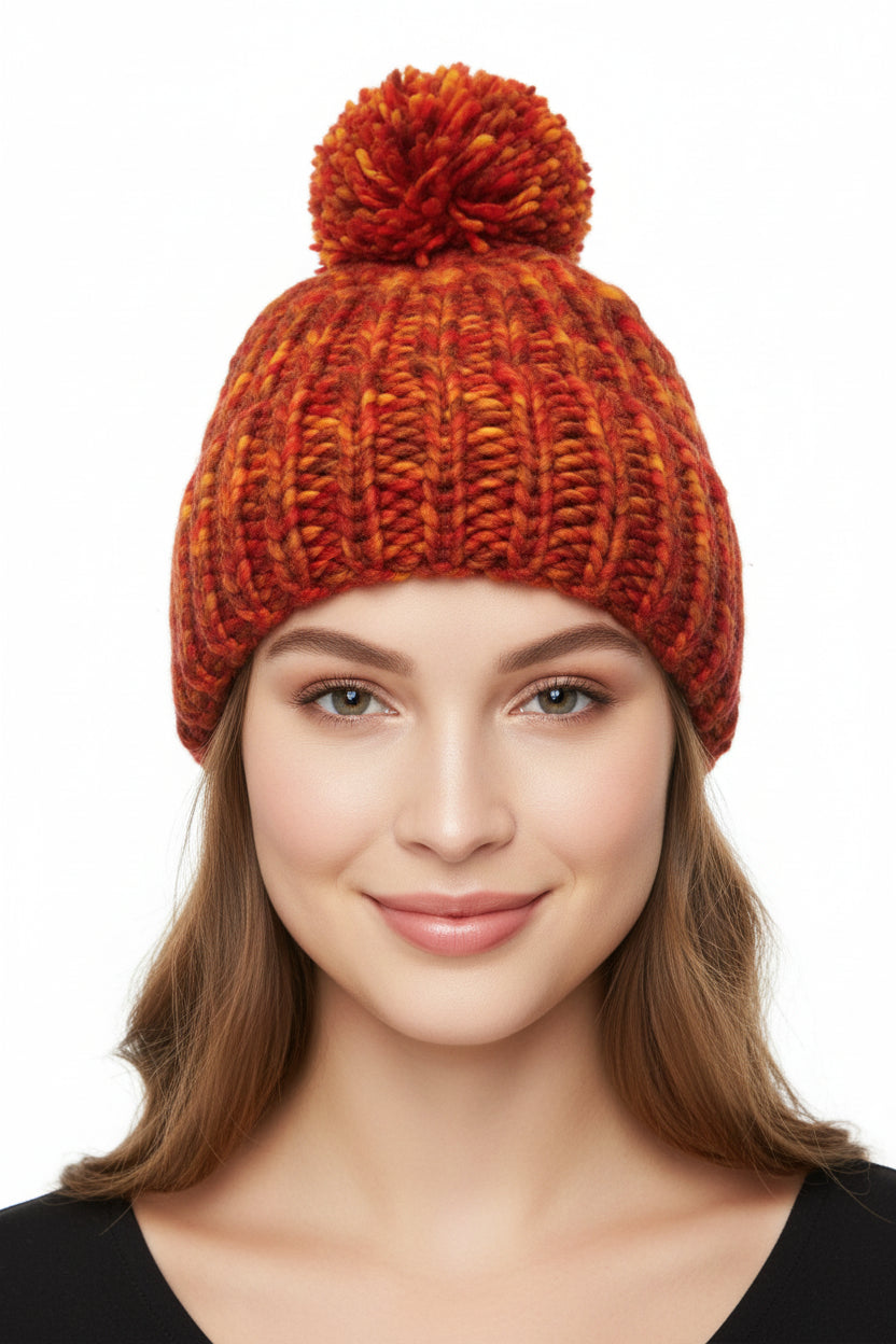 Hand Knit and Hand Dyed One Pom-Pom Bulky Winter Hat