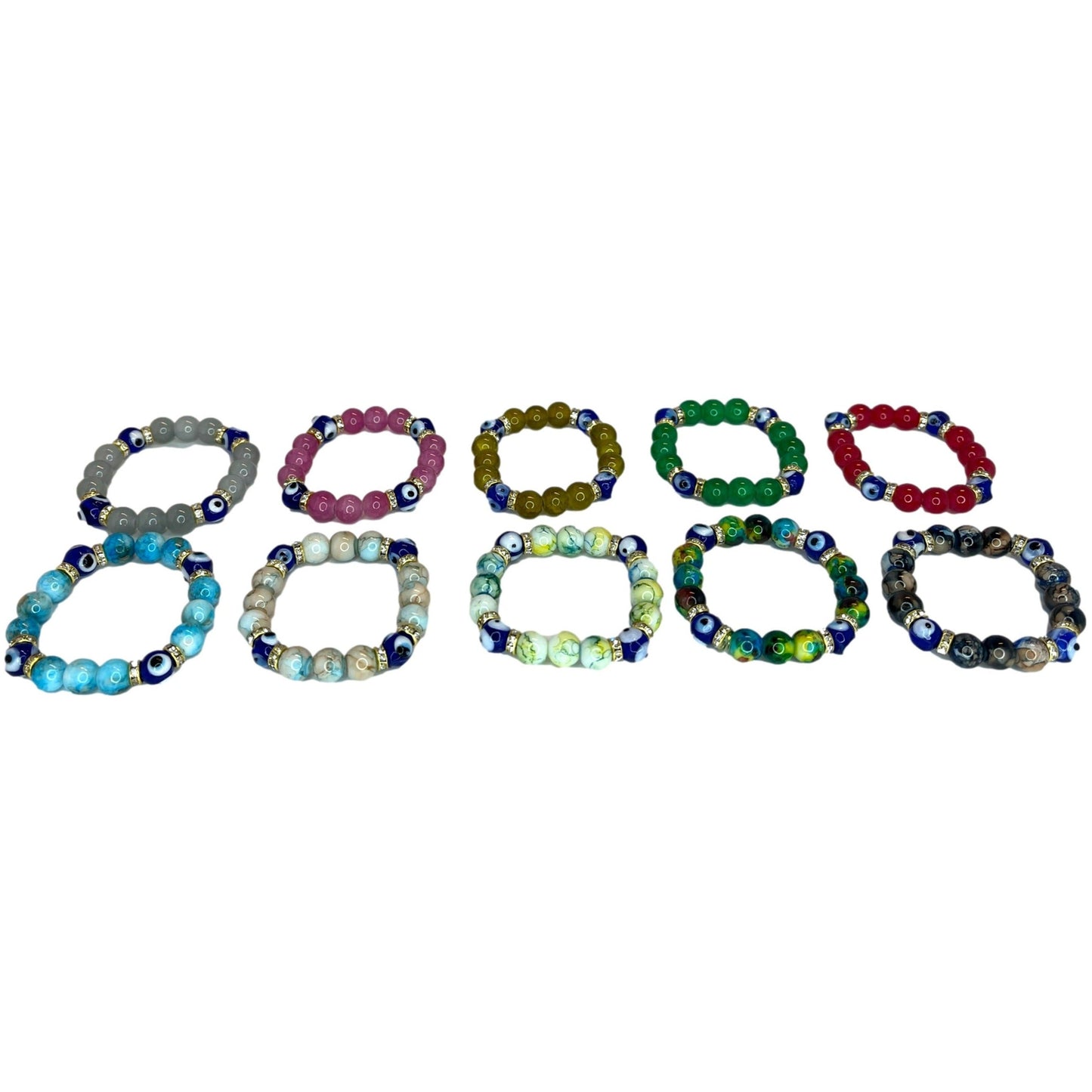 Multi-Colored Assorted Agate, Jasper and Quartz Kids Evil Eye Bracelet w Rhinestone Jumpers.