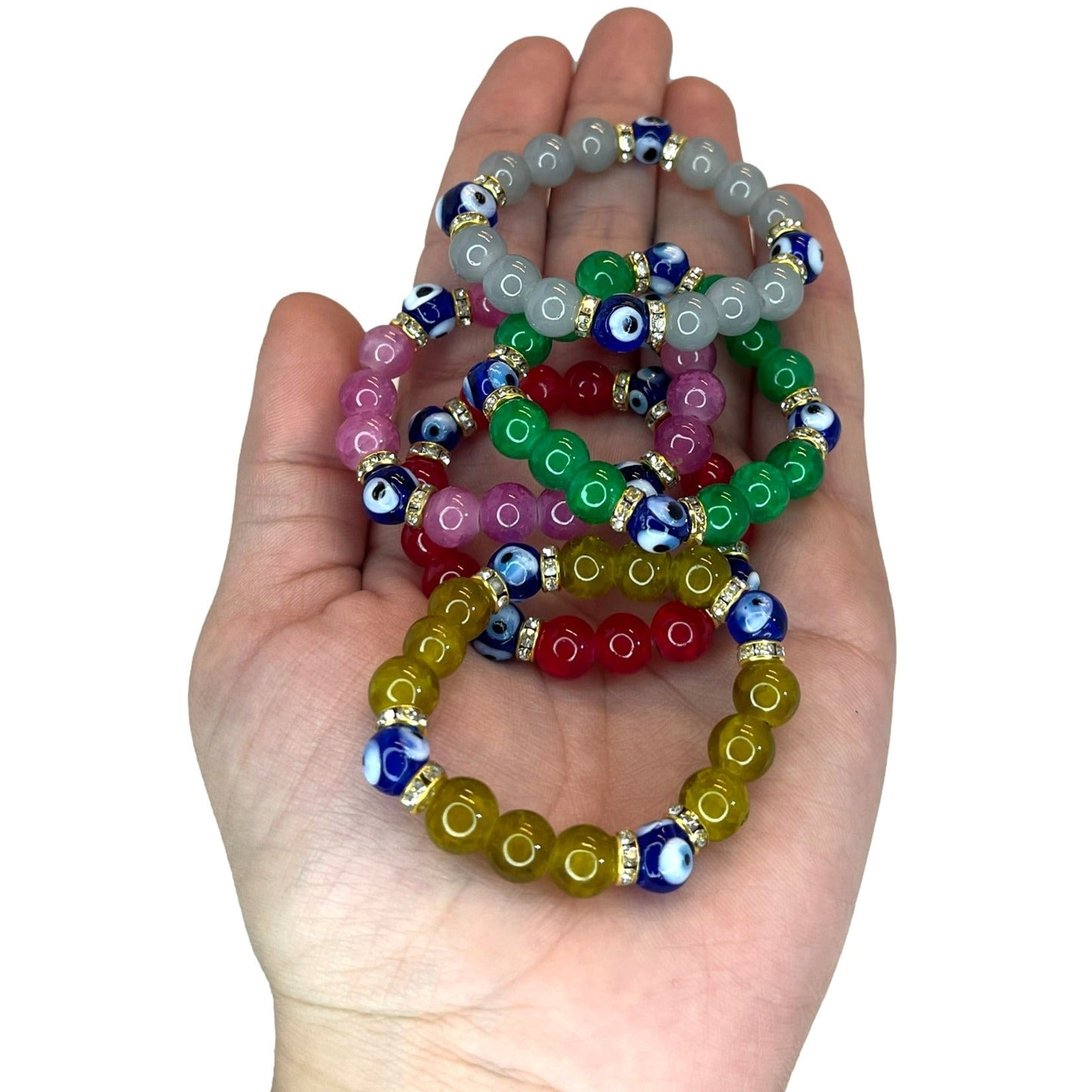 Multi-Colored Assorted Agate, Jasper and Quartz Kids Evil Eye Bracelet w Rhinestone Jumpers.