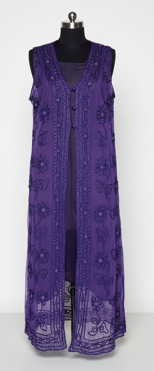 Adini Net and Ribbon Sleeveless Long Sheer Vest with Beads