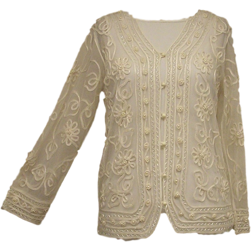 Adini Net and Ribbon Long Sleeve Sheer Ribbon and Bead Cardigan