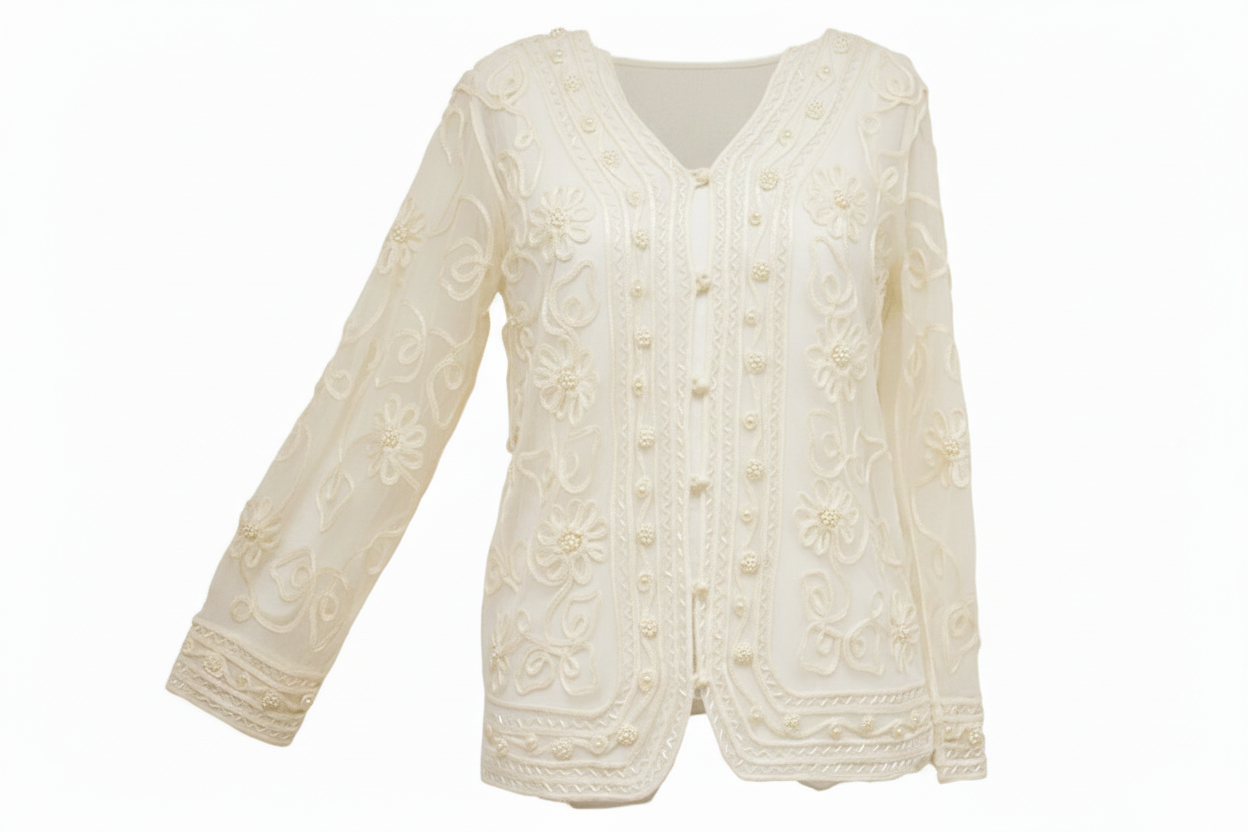 Adini Net and Ribbon Long Sleeve Sheer Ribbon and Bead Cardigan