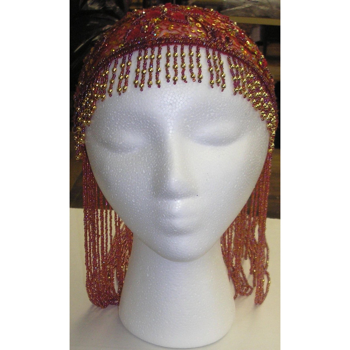 Adini Hand Beaded Juliet Head Cap in Red & Gold