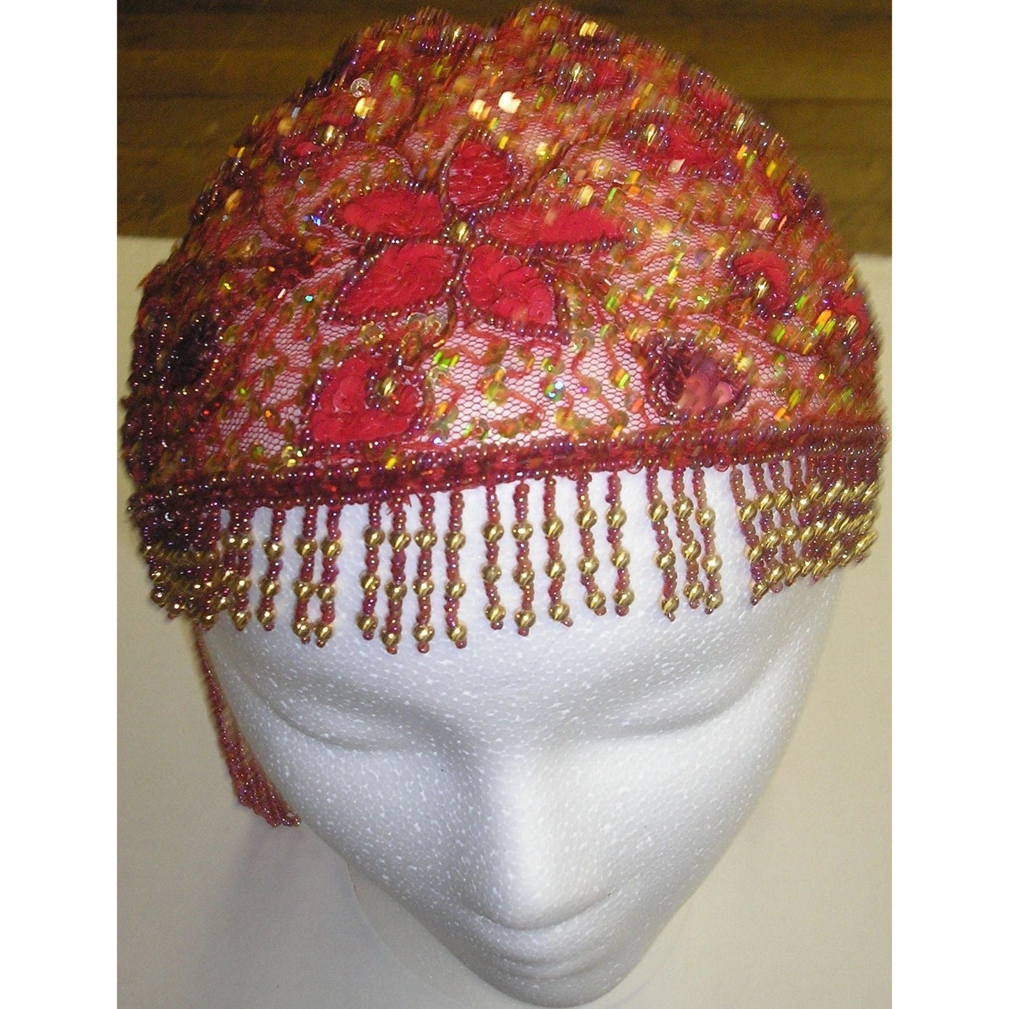 Adini Hand Beaded Juliet Head Cap in Red & Gold