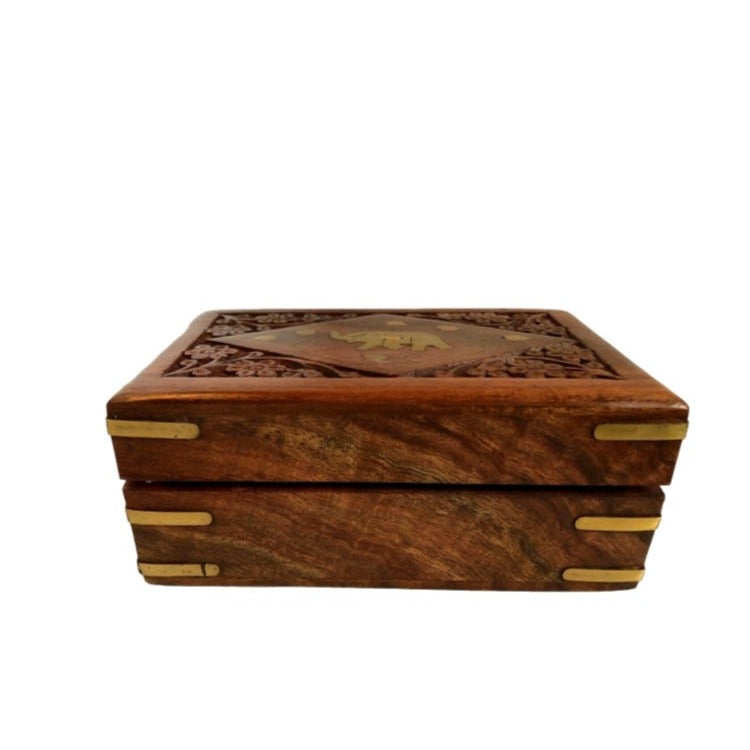 Wooden Box with Single Elephant & Leaf Brass Inlay