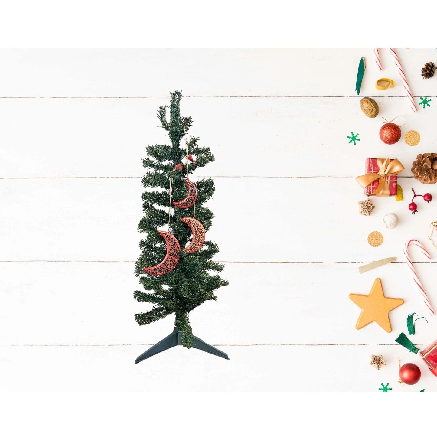 Paper Mache Crescent Moon Holiday Ornament set - Hand Made & Hand Painted