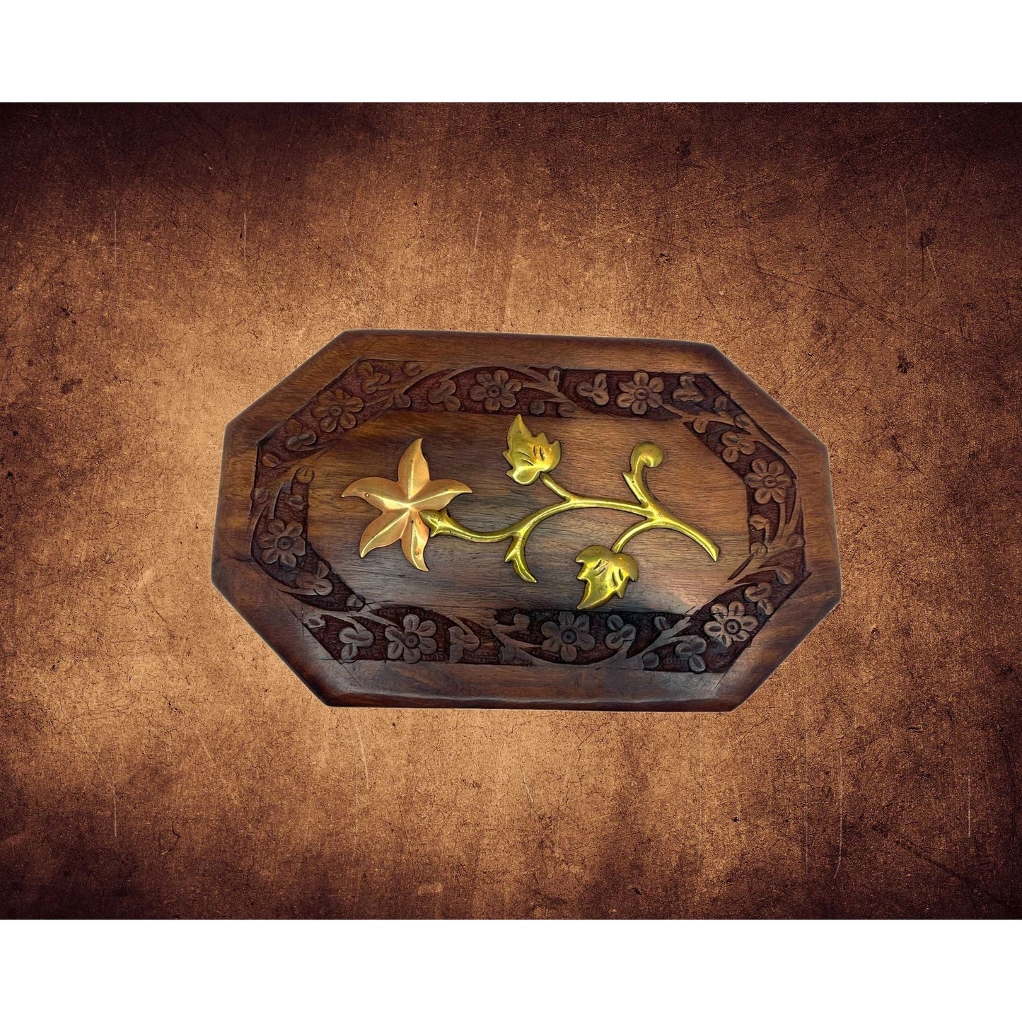Wooden Craved Box with Brass Flower, Velvet Lining