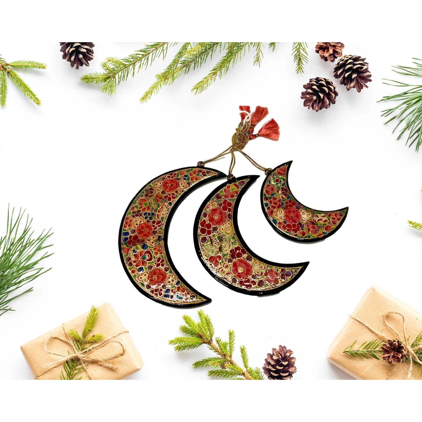 Paper Mache Crescent Moon Holiday Ornament set - Hand Made & Hand Painted