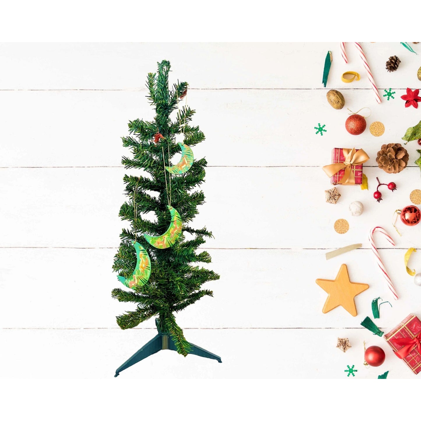 Paper Mache Crescent Moon Holiday Ornament set - Hand Made & Hand Painted