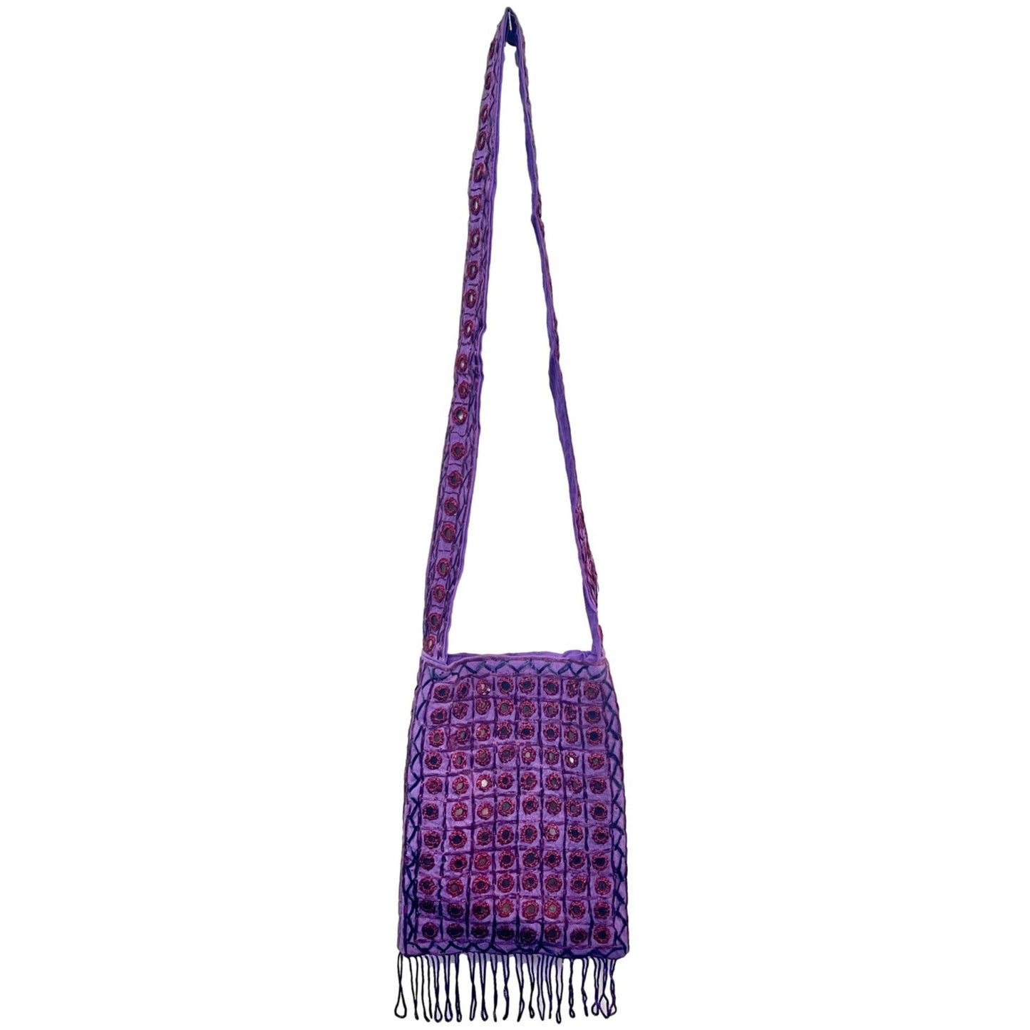 Embroidered Mirror Shoulder Purse with Fringe