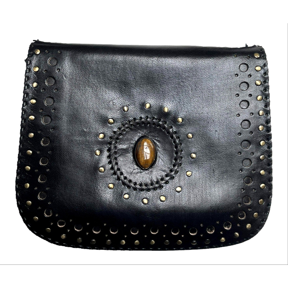 100% Leather Tigers Eye Shoulder Bag with Rivet Decoration