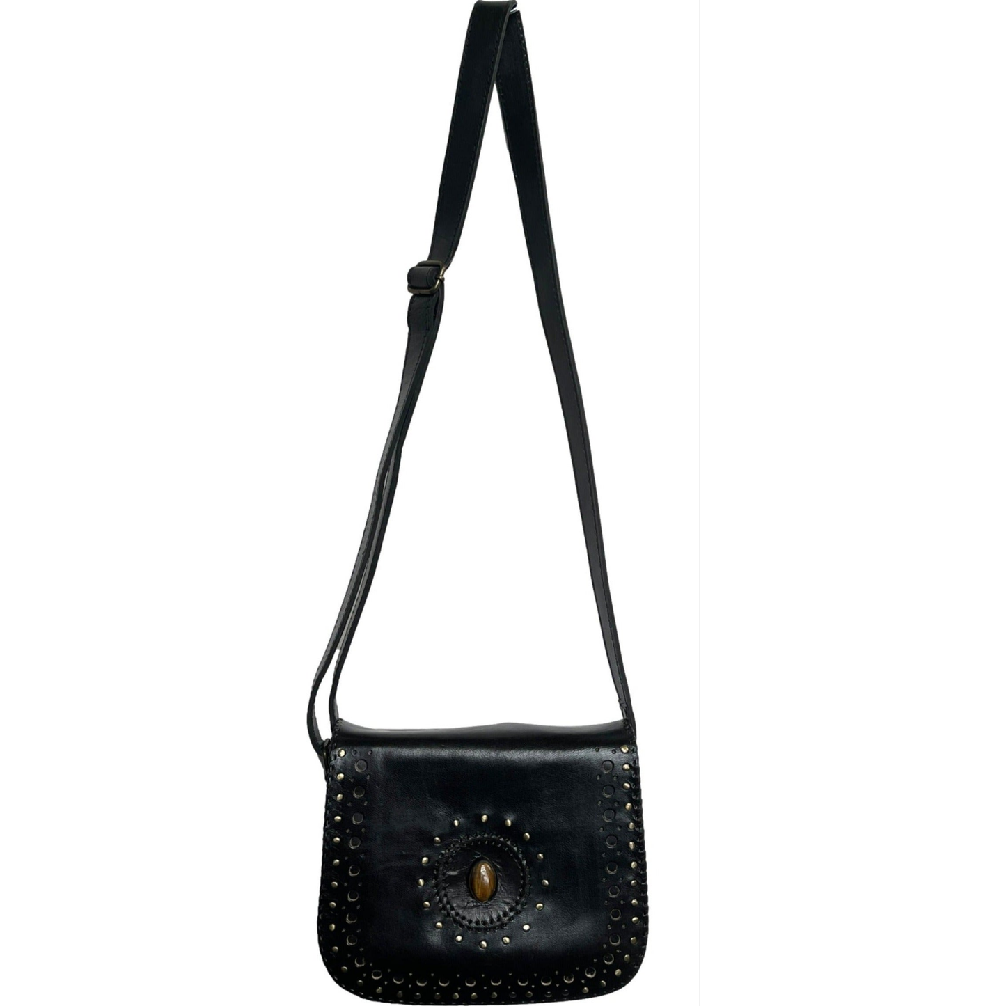 100% Leather Tigers Eye Shoulder Bag with Rivet Decoration