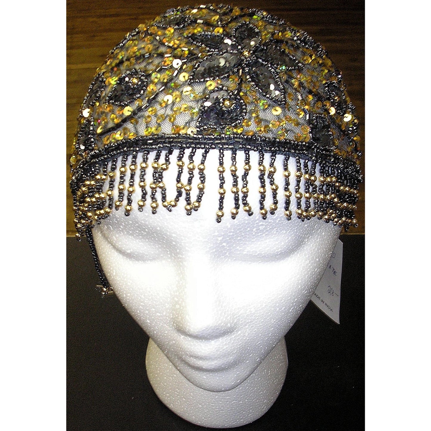 Adini Hand Beaded Hematite & Gold Beaded Juliet Head Cap