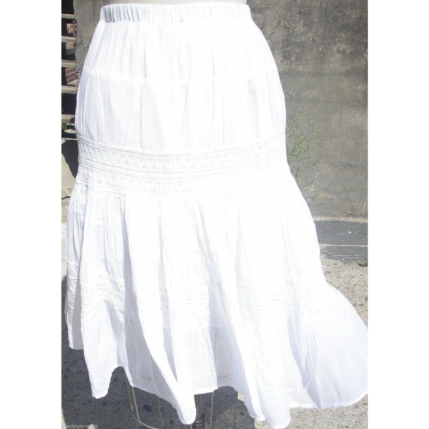 Adini White Cotton Crinkle Skirt with Crochet Insert