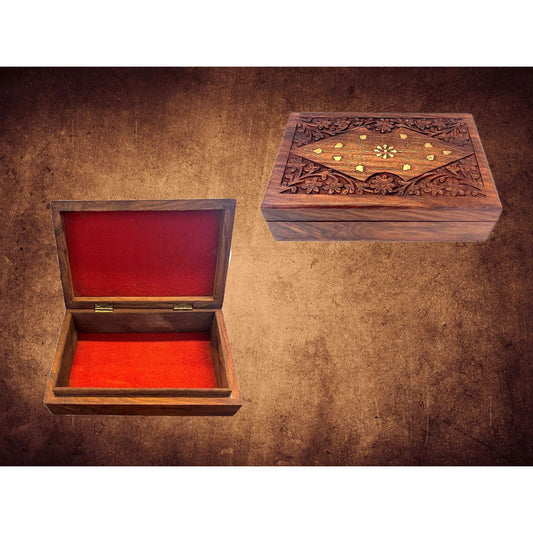 Hand Carved Wooden Box W/ Brass Flower and Leafs