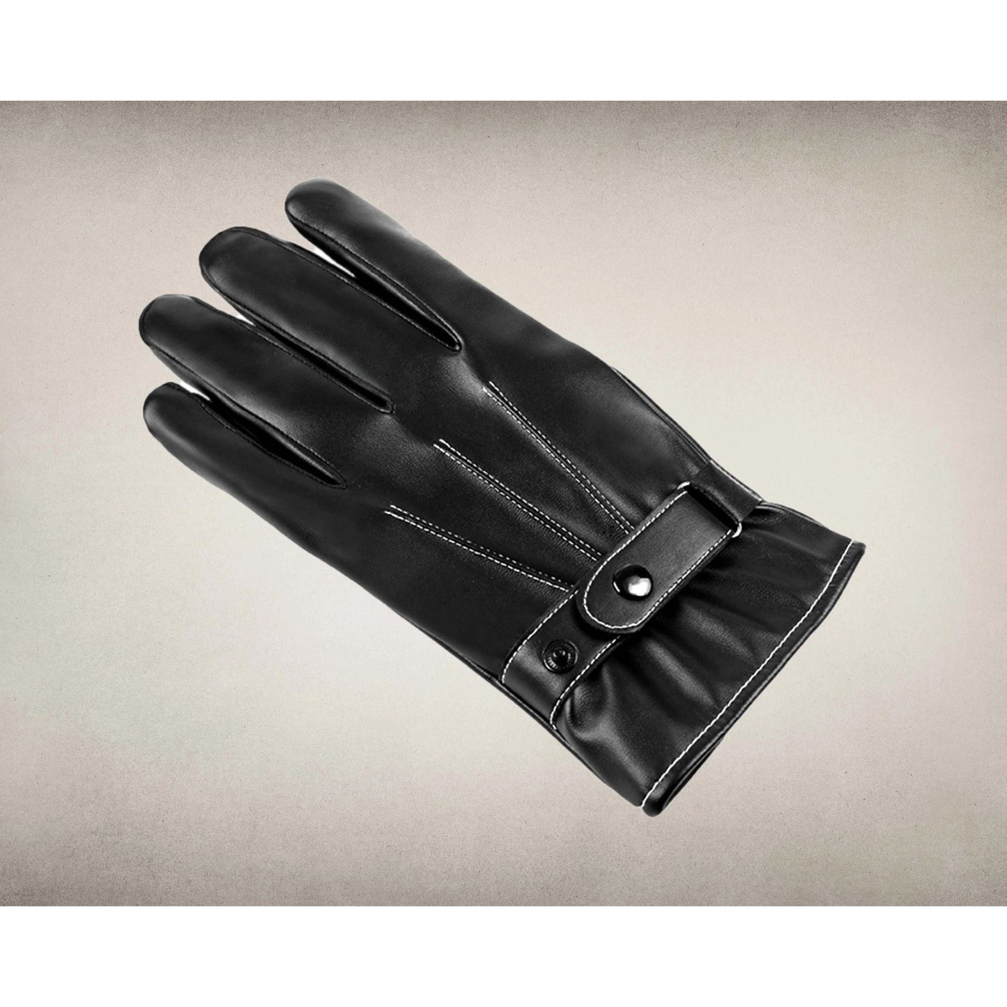 Black Unisex Lined Winter Gloves with White Stitching & Adjusting Strap