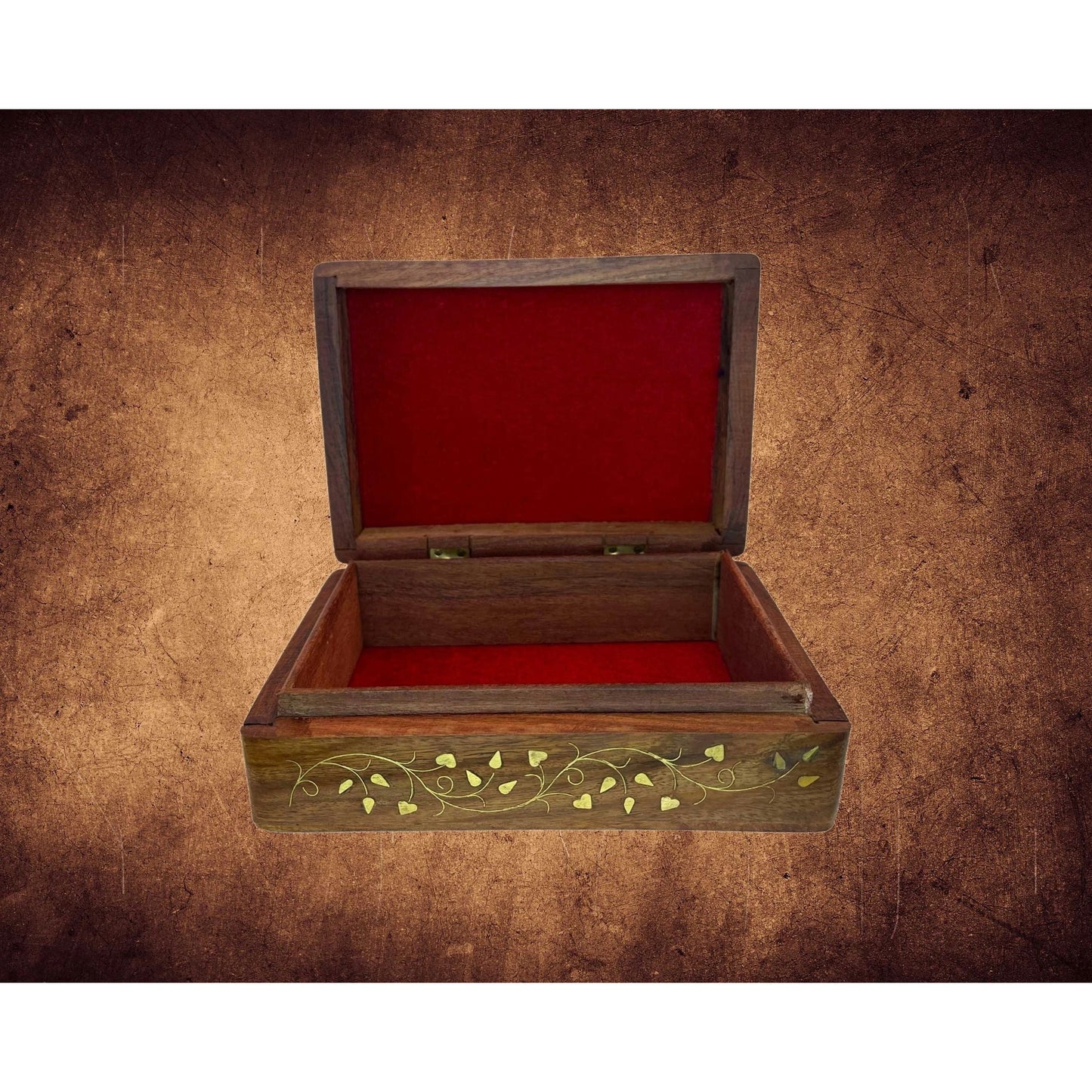 Wooden Floral Design Brass Inlay Decorative Box with Red Velvet Lining