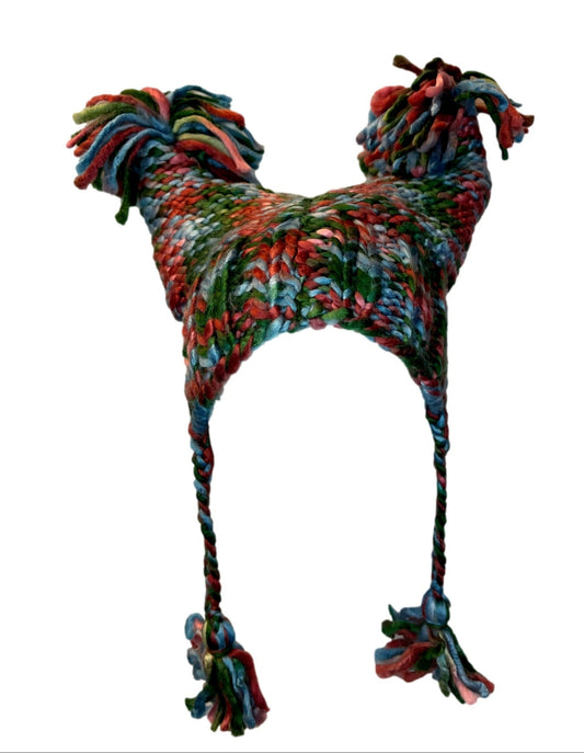 Hand Knit and Hand Dyed Four Pom-Pom Hat with Pom-Pom Strings