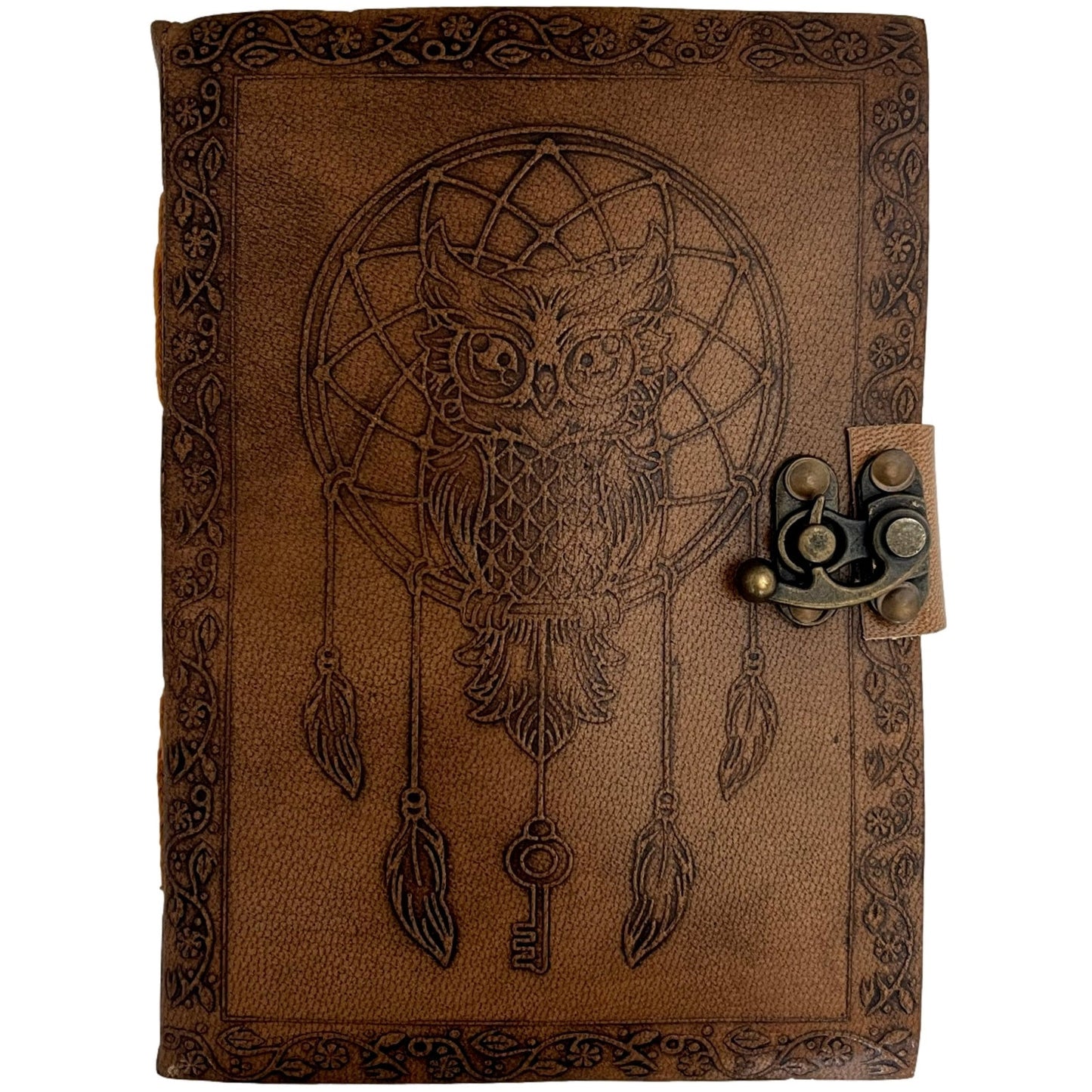 100% Leather Engraved Owl Dream Catcher Journal with Sun Design on back