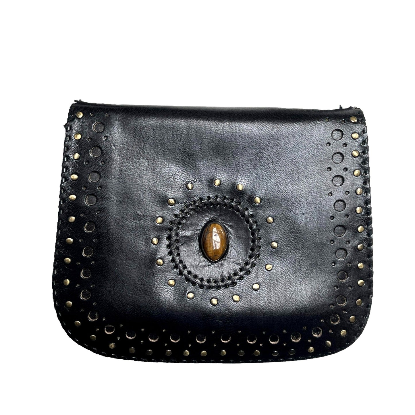 100% Leather Tigers Eye Shoulder Bag with Rivet Decoration