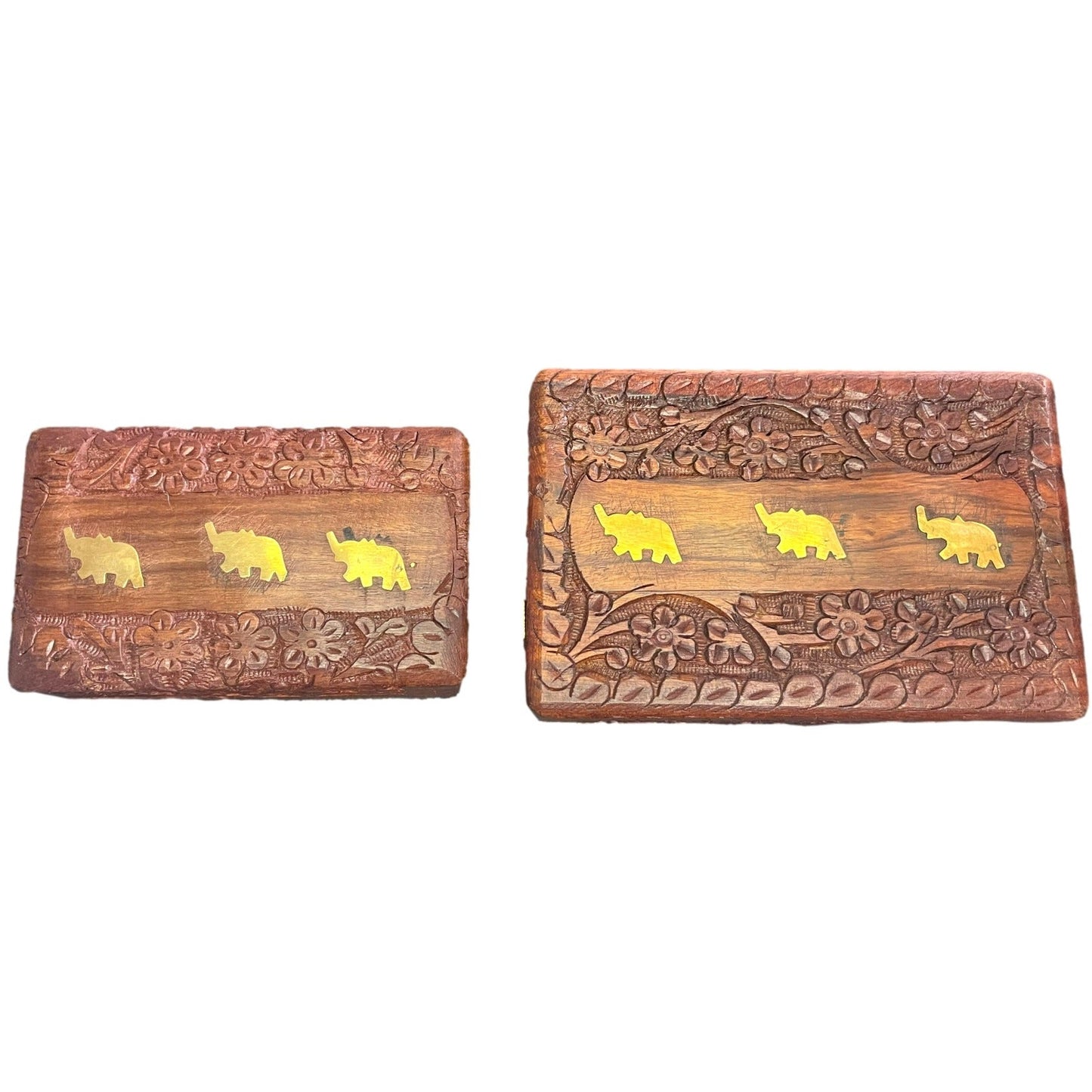 Wooden Sheesham Box with 3 Elephant Brass Inlay