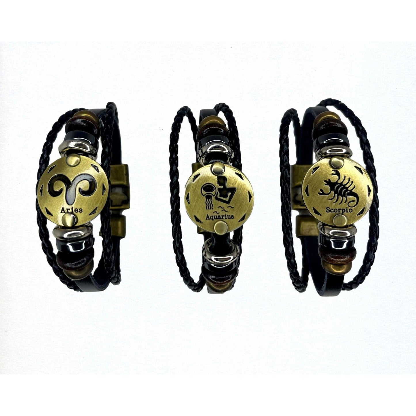 Zodiac Sign Black Leather Bracelet