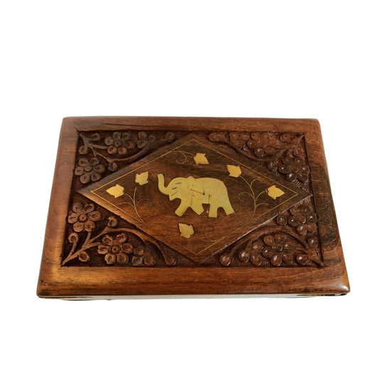 Wooden Box with Single Elephant & Leaf Brass Inlay