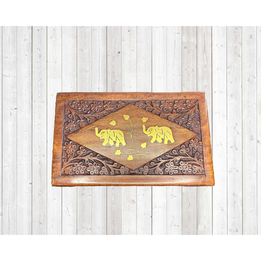 Hand Carved Wooden Sheesham Box with Two Elephants & Leaf Brass Inlay