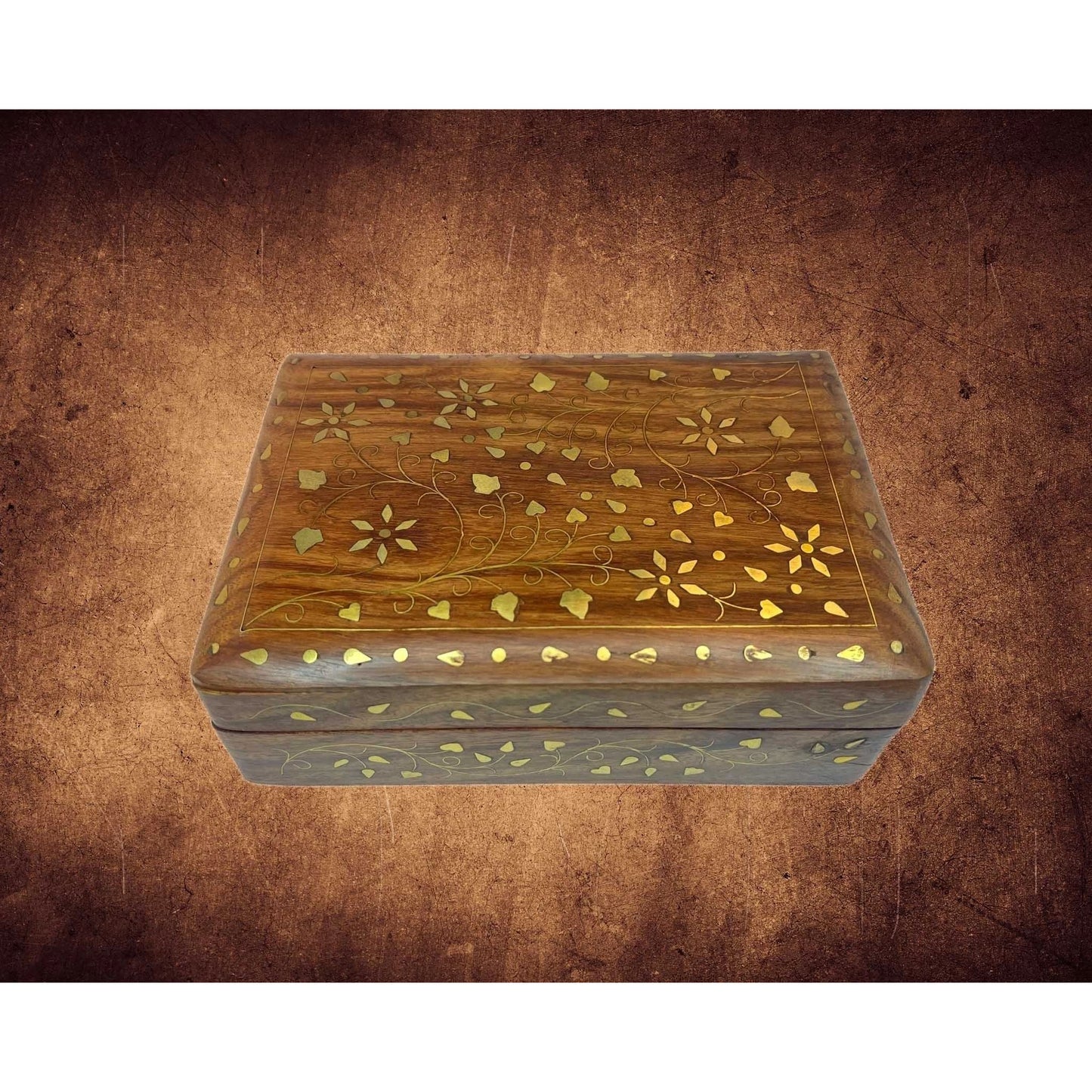 Wooden Floral Design Brass Inlay Decorative Box with Red Velvet Lining