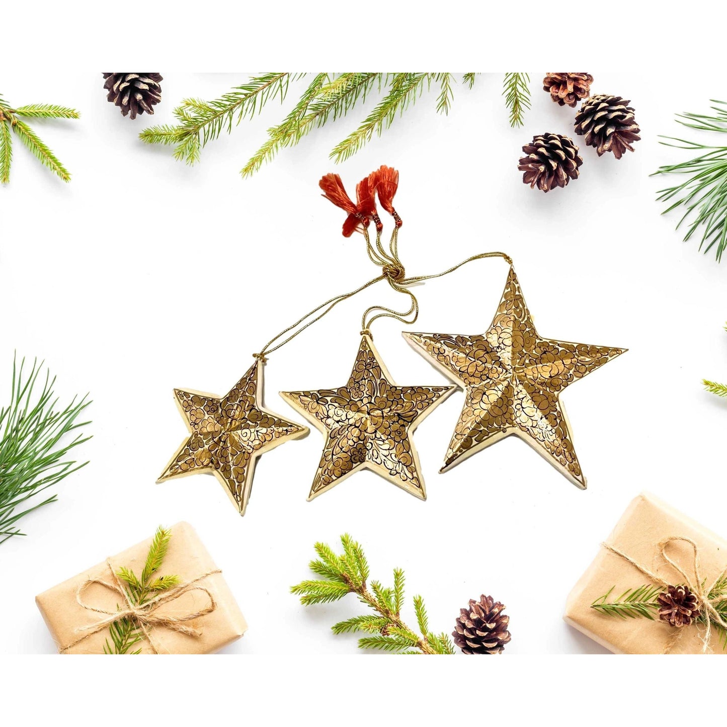 Paper Mache Star Holiday Ornament Set - Hand Made - Hand Painted