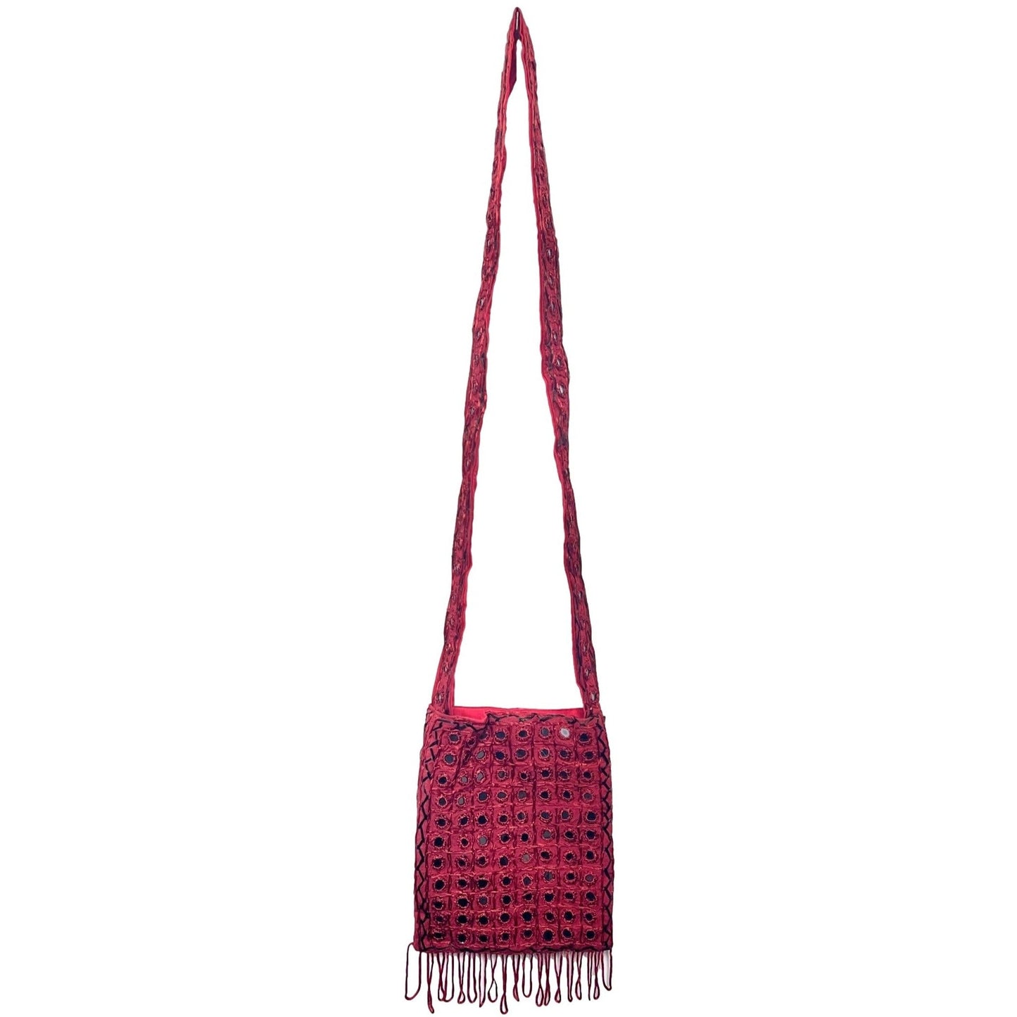 Embroidered Mirror Shoulder Purse with Fringe